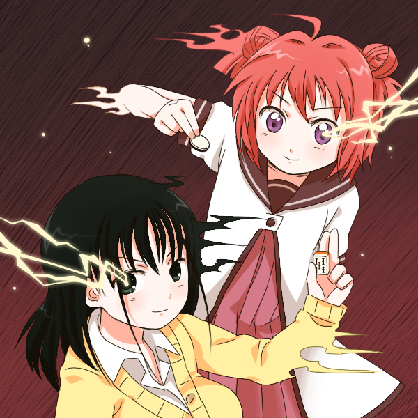 2girls, ahoge, akaza_akari, black_hair, board_game, cardigan, collared_shirt, crossover, dress, electricity, gradient, gradient_background, green_eyes, hair_bun, ichiban_shibori, mahjong, mahjong_tile, multiple_girls, power_connection, redhead, reversi, sailor_dress, saki, school_uniform, serafuku, shirt, short_hair, touyoko_momoko, trait_connection, violet_eyes, yuru_yuri