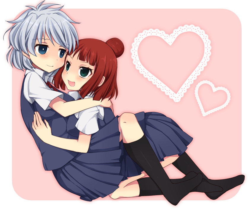 2girls, black_legwear, heart, highres, hug, kosegawa_shiromi, kuromu_(cr0711), multiple_girls, open_mouth, saki, school_uniform, smile, usuzawa_sae, yuri