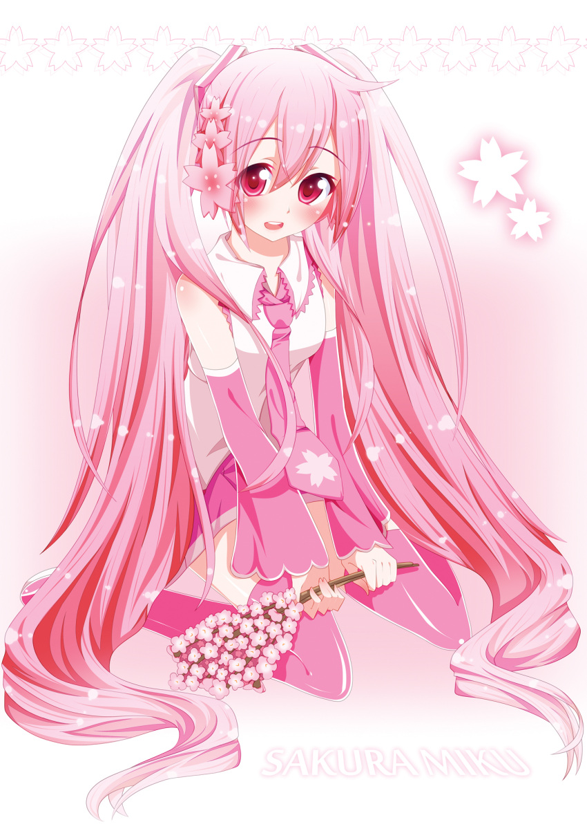 1girl, boots, character_name, detached_sleeves, hatsune_miku, highres, long_hair, mythless, necktie, open_mouth, pink_eyes, pink_hair, sakura_miku, sitting, skirt, solo, thigh-highs, thigh_boots, twintails, very_long_hair, vocaloid, wariza