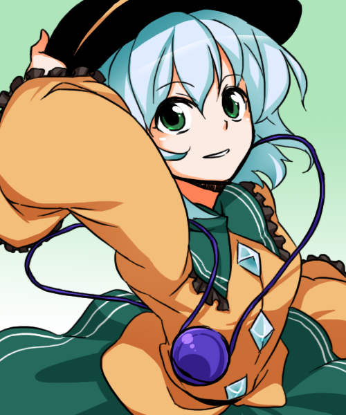 1girl, blue_hair, female, frills, green_eyes, hat, komeiji_koishi, puchi-pochi
