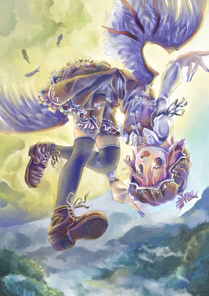 1girl, animal_ears, bent_over, brown_eyes, feathers, female, fingernails, flying