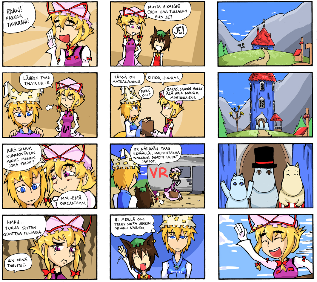 2boys, 4girls, 4koma, :d, apron, blonde_hair, blue_eyes, brown_hair