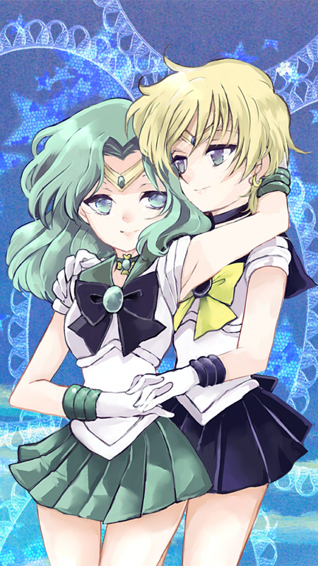2girls, 90s, bishoujo_senshi_sailor_moon, blonde_hair, blue_eyes, blue_skirt, bow, choker