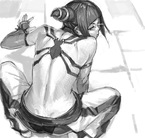 1girl, ass, back, bare_shoulders, barefoot, capcom, detached_sleeves, drill_hair, fingerless_gloves, from_behind, gloves, halter_top, halterneck, han_juri, looking_back, mana30row, monochrome, solo, squatting, street_fighter, street_fighter_iv, street_fighter_iv_(series), super_street_fighter_iv, toned, twin_drills