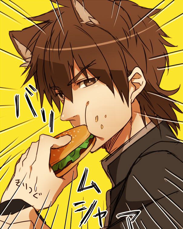 1boy, animal_ears, brown_eyes, brown_hair, cat_ears, eating, fate/zero, fate_(series)