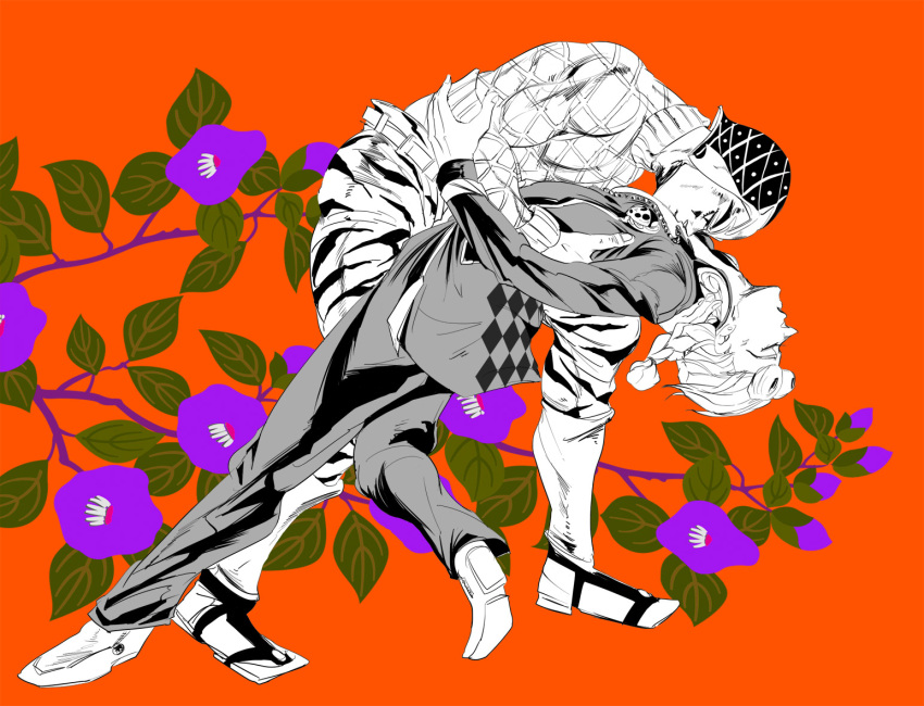 2boys, dancing, flower, giorno_giovanna, guido_mista, hat, ing0123, jojo_no_kimyou_na_bouken, ladybug, male_focus, midriff, multiple_boys, vines