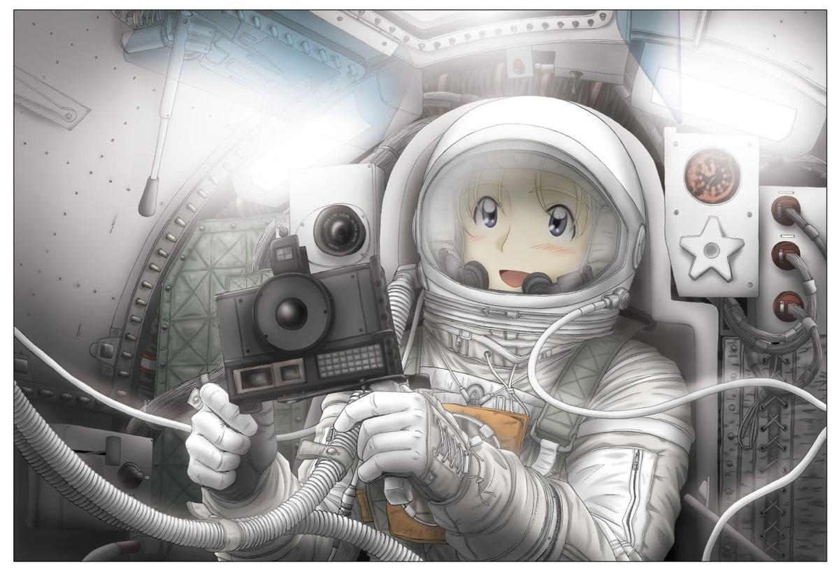 1girl, astronaut, blonde_hair, blue_eyes, camera, cockpit, helmet, nasa