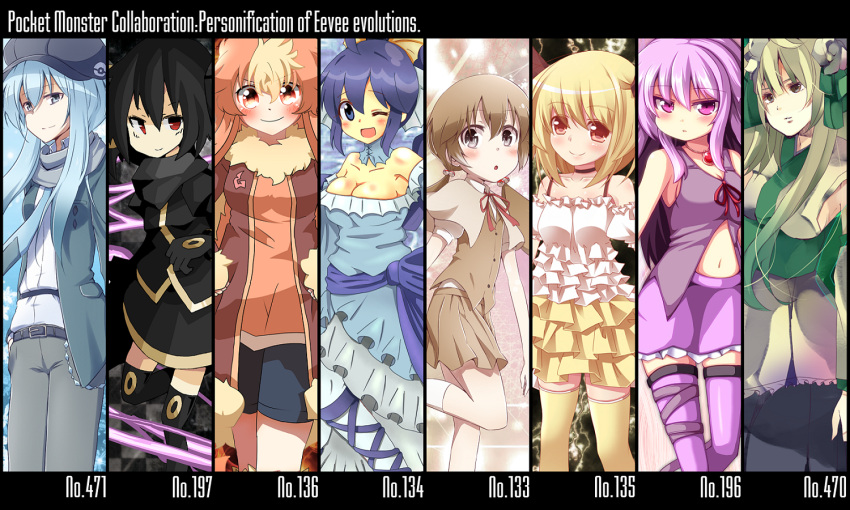 6+girls, bare_shoulders, belt, black_hair, blonde_hair, blue_eyes, blue_hair, blush, brown_hair, choker, clair_(v0yance), cleavage_cutout, column_lineup, eevee, espeon, flareon, glaceon, green_hair, grey_eyes, hair_bobbles, hair_ornament, hair_ribbon, hat, heath41, jacket, jolteon, kousa_(black_tea), leafeon, lon, long_hair, low_twintails, multicolored_hair, multiple_girls, navel, ominaeshi_(takenoko), one_eye_closed, open_mouth, pants, personification, pokemon, purple_hair, rebecca_(keinelove), red_eyes, redhead, ribbon, short_hair, shorts, sidelocks, skirt, smile, tanikake_yoku, twintails, umbreon, vaporeon, vest, violet_eyes, wink, yutamaro