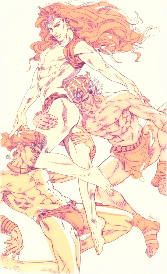 3boys, abs, akira_atsushi, barefoot, battle_tendency, bracelet, earrings, esidisi