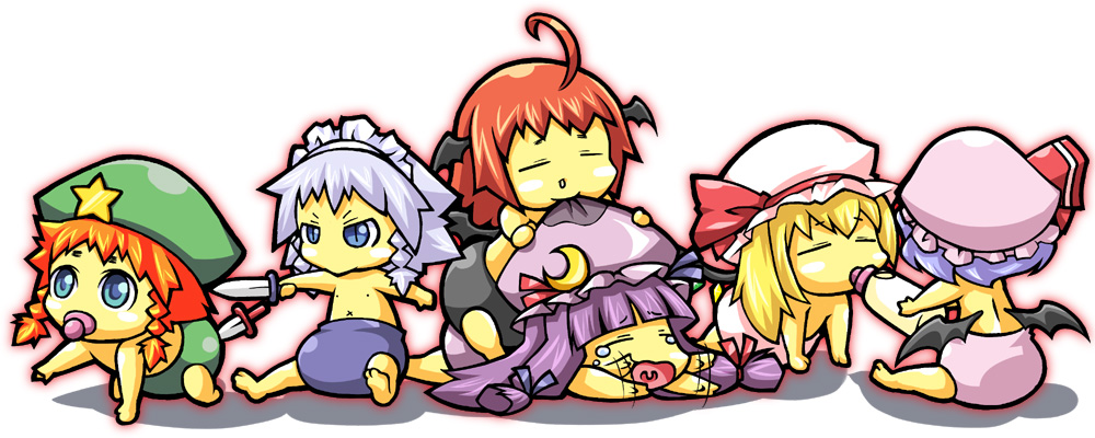 baby, baby_bottle, barefoot, bat_wings, bite, biting, blonde_hair, blue_hair