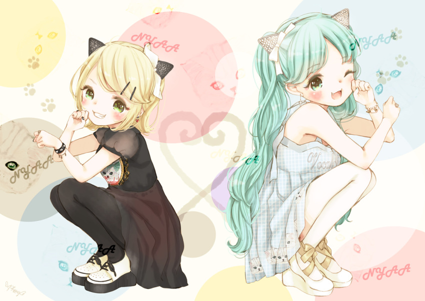 2girls, animal_ears, blonde_hair, bracelet, cat_ears, cross, dress, earrings
