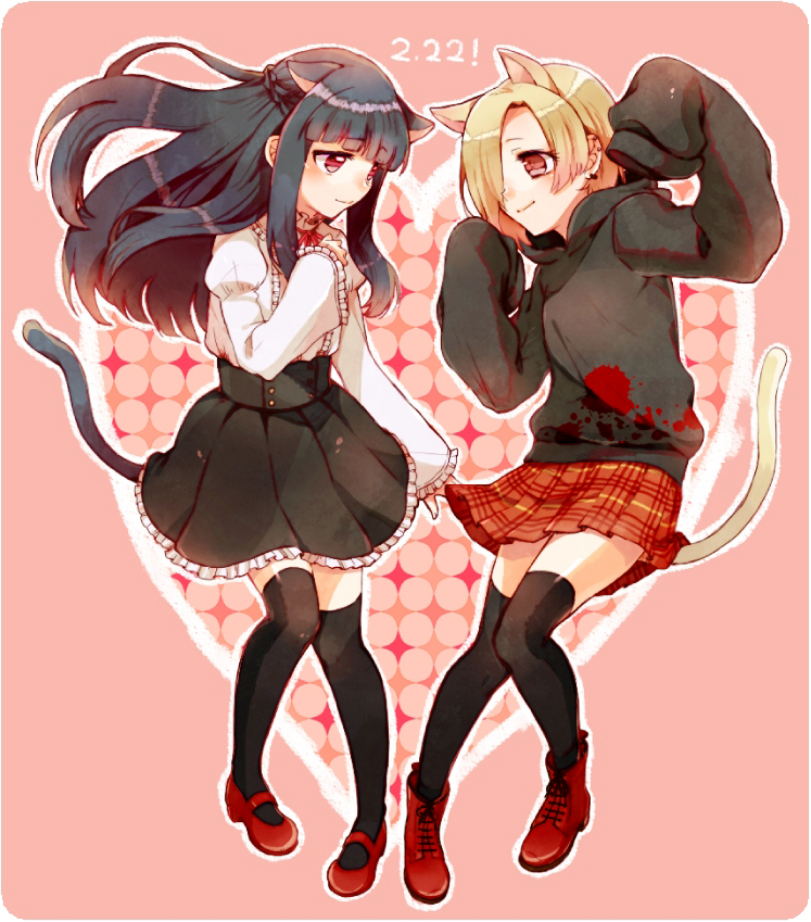 2girls, animal_ears, ankle_boots, bad_id, bangs, black_legwear, blonde_hair, blue_hair