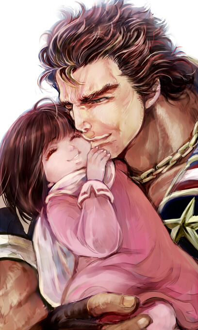 1boy, 1girl, asuka_(hokuto_no_ken), carrying, chains, cheek_kiss, child, closed_eyes