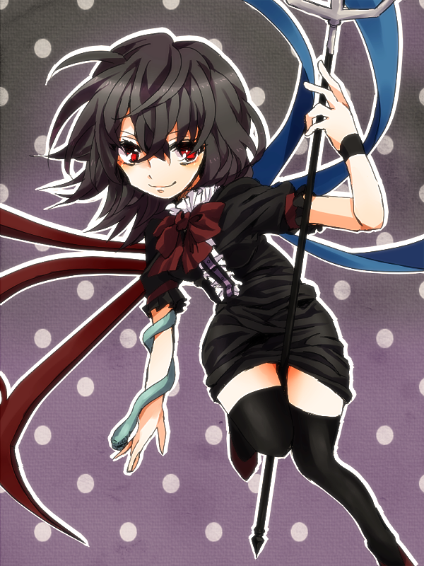 1girl, asymmetrical_wings, black_hair, black_legwear, dress, extacchiman, female, houjuu_nue