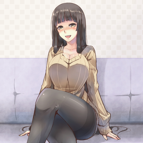 1girl, black_hair, black_legwear, blush, breasts, brown_eyes, cleavage, hime_cut
