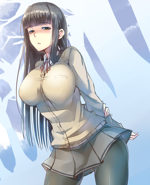 1girl, arms_behind_back, black_hair, black_legwear, blush, breasts, brown_eyes, cardigan