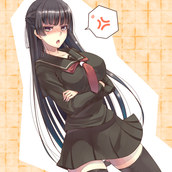 1girl, :o, anger_vein, black_hair, black_legwear, blush, breasts, brown_eyes