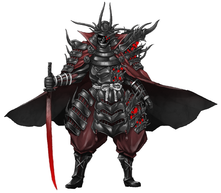 1boy, aku-shin-kage, armor, cape, cthulhu_mythos, full_body, helmet, japanese_armor, male_focus, mazeran, nyarlathotep, original, simple_background, solo, sword, transparent_background, weapon