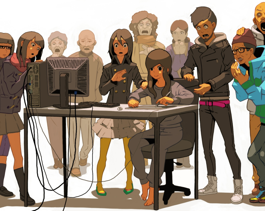 barefoot, beard, brown_hair, computer, crowd, drawing, facial_hair, feet