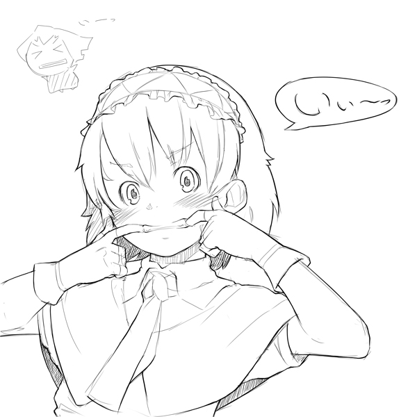 1girl, alice_margatroid, ascot, blush, capelet, female, forced_smile, monochrome