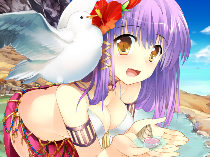 1girl, beach, bird, blush, breasts, cleavage, fang, female