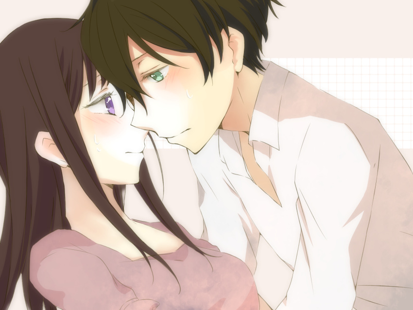 1boy, 1girl, bad_id, black_hair, chitanda_eru, couple, eye_contact, green_eyes