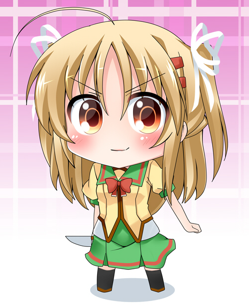 1girl, ahoge, blonde_hair, blush, brown_eyes, chibi, knife, madoushi_s
