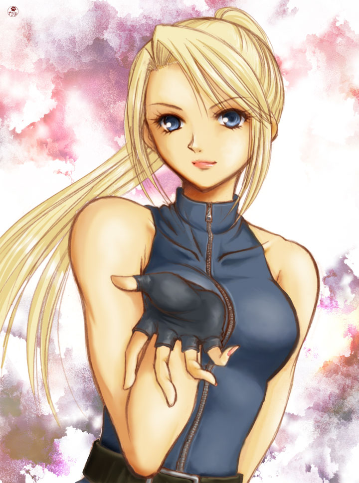 1girl, arm_behind_back, bare_shoulders, belt, blonde_hair, blue_eyes, bodysuit, breasts