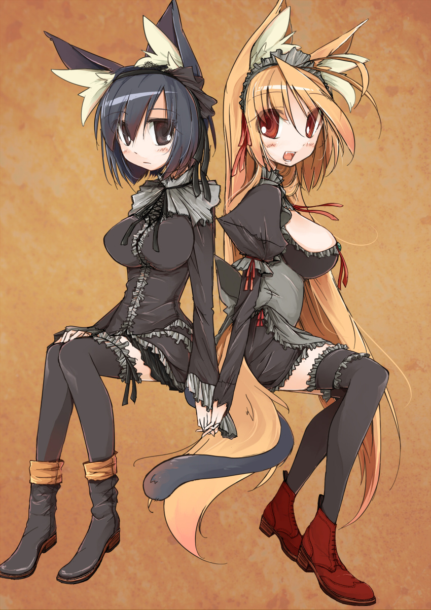 2girls, animal_ears, bad_id, black_eyes, black_hair, black_legwear, blonde_hair, blush, boots, breasts, cat_ears, cat_tail, endou_chihiro, fox_ears, fox_tail, hand_holding, headdress, highres, interlocked_fingers, long_hair, multiple_girls, nana_(endou_chihiro), open_mouth, original, red_eyes, short_hair, sitting, smile, tail, thigh-highs