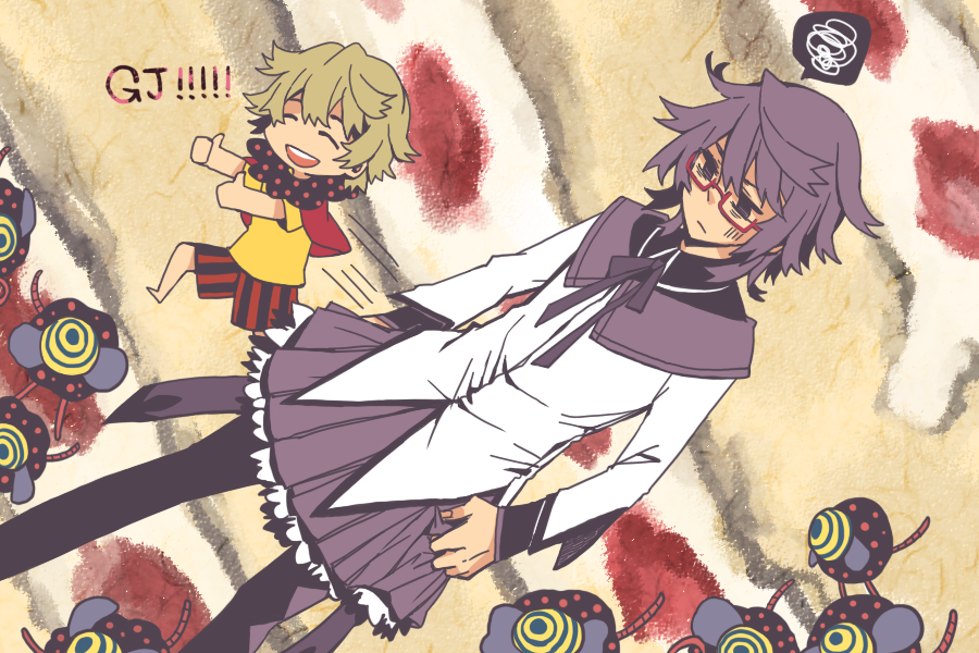 2boys, akemi_homura, akemi_homura_(cosplay), charlotte_(madoka_magica), cosplay, dutch_angle, glasses, karasmo, koide_natsuno, mahou_shoujo_madoka_magica, male_focus, multiple_boys, mutou_tooru, pantyhose, pyotr_(madoka_magica), ribbon, semi-rimless_glasses, shiki, skirt, thumbs_up, under-rim_glasses