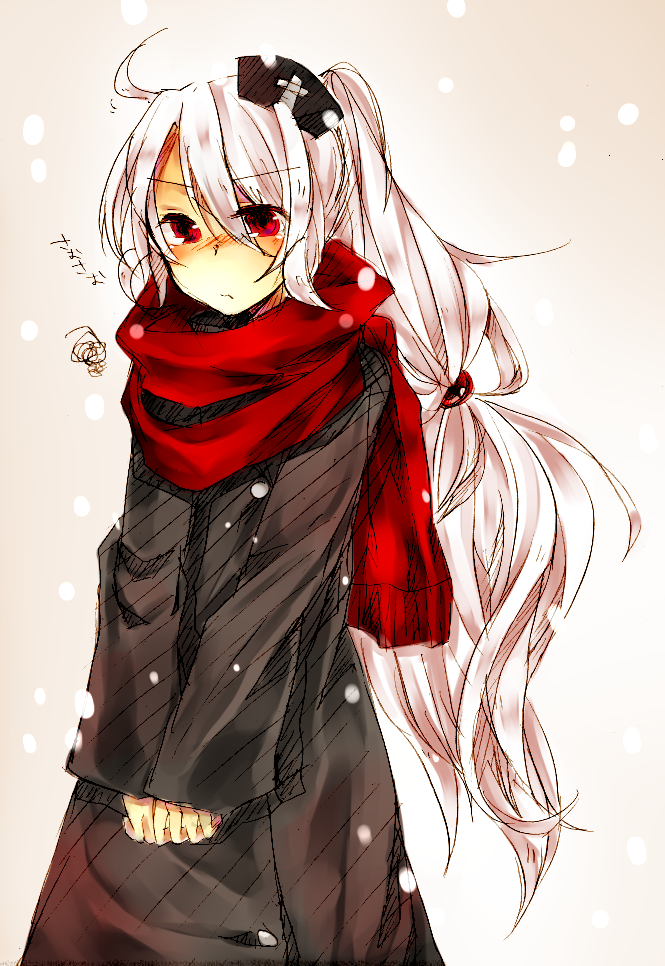 1girl, blush, long_hair, mugimaro35, original, red_eyes, scarf, sketch, snowing, solo, squiggle, very_long_hair, white_hair