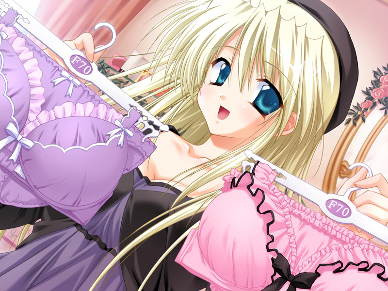 blonde_hair, blue_eyes, bra, clothes_hanger, dutch_angle, frilled_bra, frills, game_cg