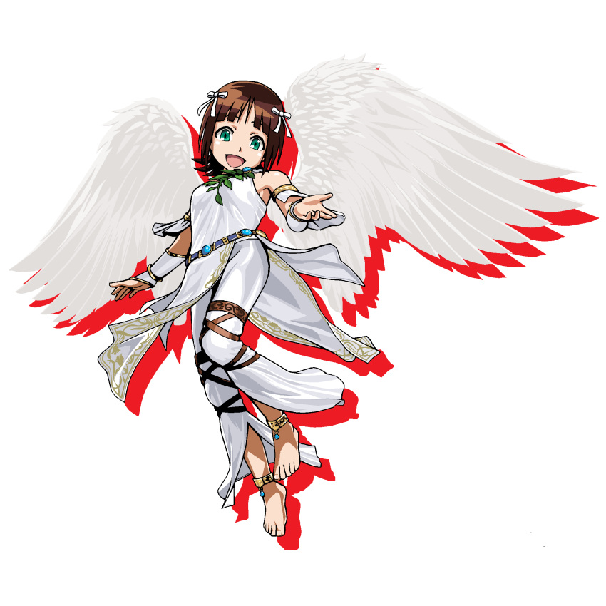 1girl, amami_haruka, angel_(tekken), angel_(tekken)_(cosplay), angel_wings, anklet, barefoot, brown_hair