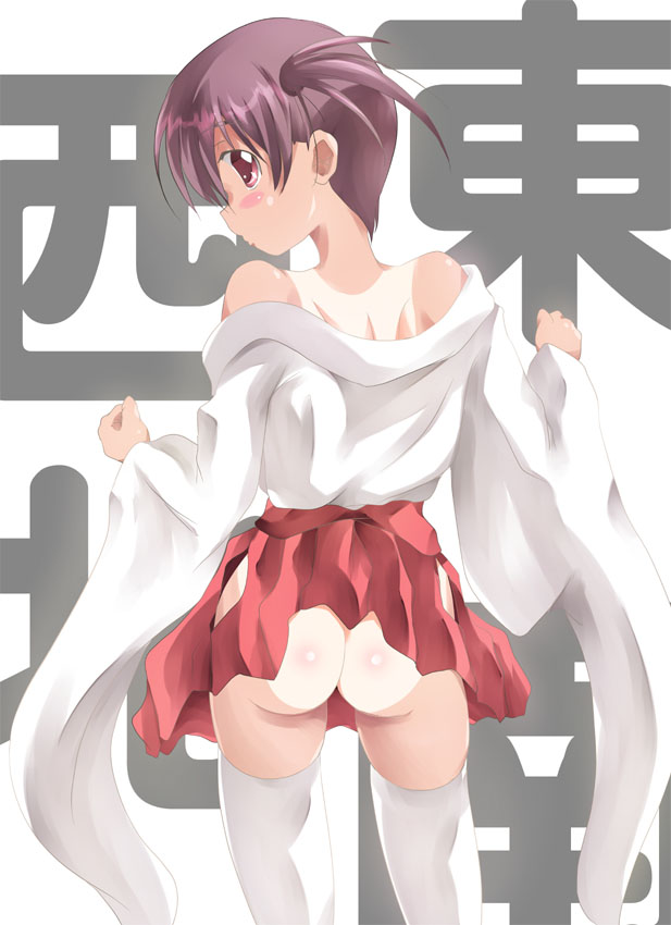 1girl, ass, blush, blush_stickers, from_behind, japanese_clothes, miko, mister_(black_and_white)