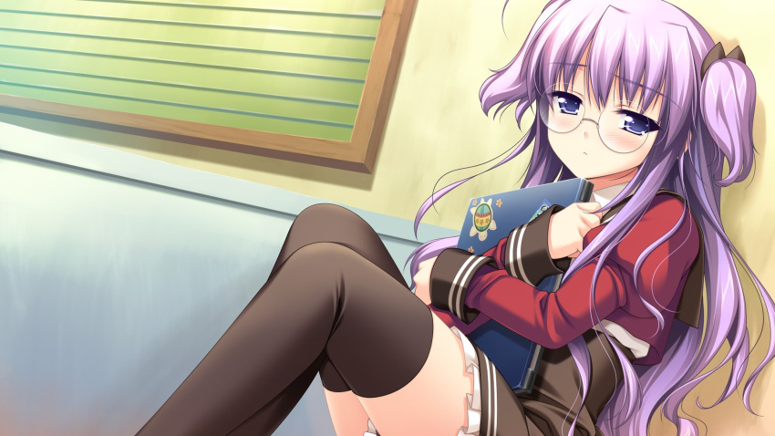 1girl, 5pb., black_legwear, blue_eyes, blush, computer, game_cg, glasses