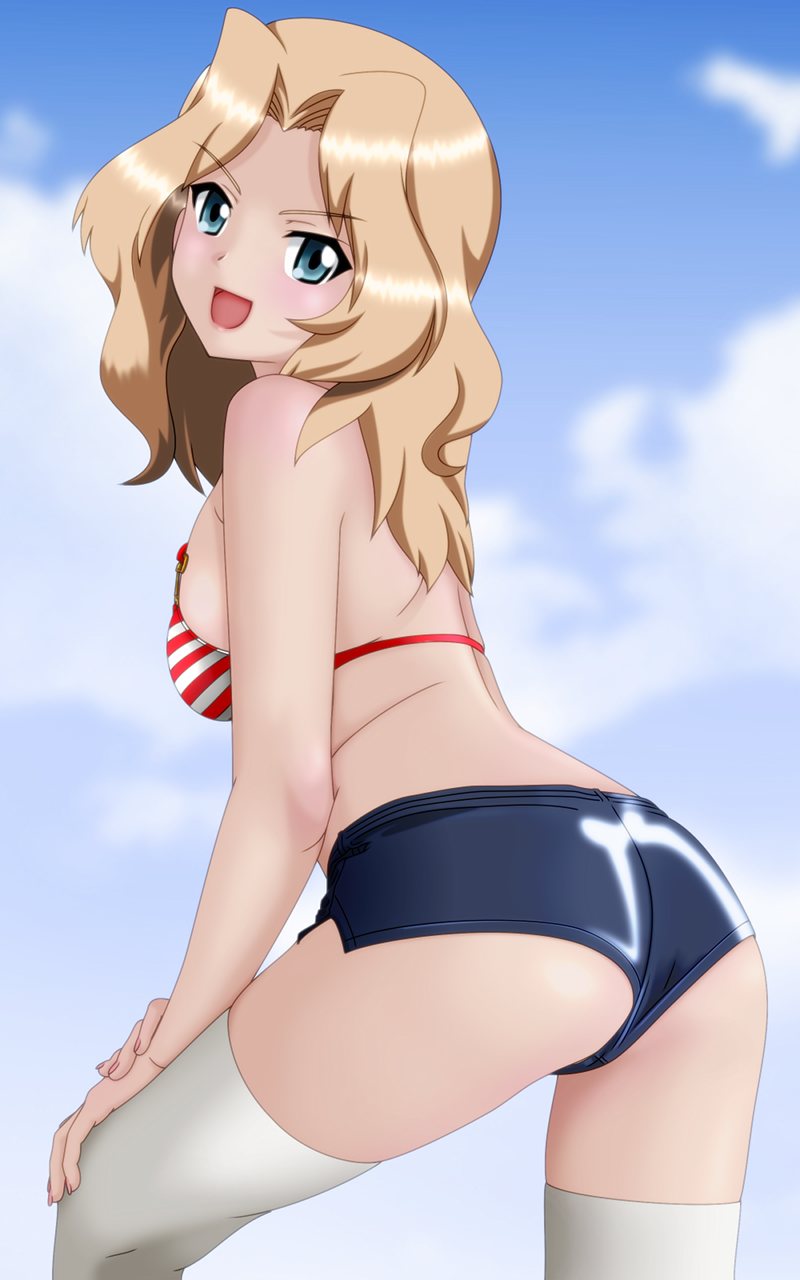 1girl, ass, bangs, bikini_top, blonde_hair, blue_eyes, blue_shorts, clouds