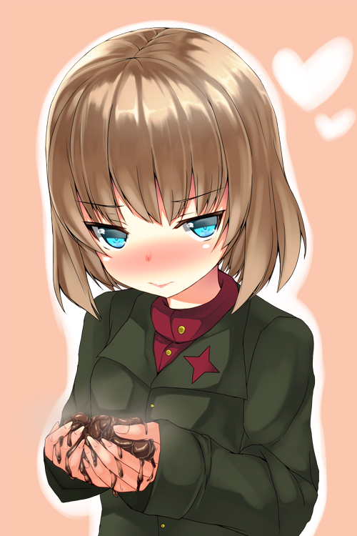 1girl, bangs, blonde_hair, blue_eyes, blush, brown_hair, chocolate, girls_und_panzer, green_eyes, green_jacket, heart, holding, iiyama, jacket, katyusha, long_sleeves, melted, melting, orange_background, red_shirt, school_uniform, shirt, short_hair, simple_background, solo, turtleneck, upper_body