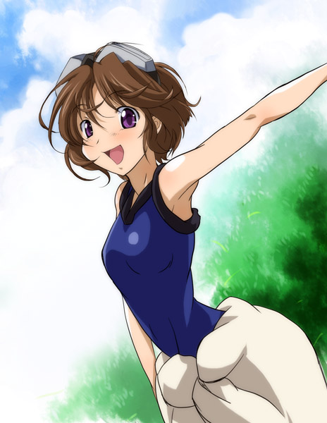 :d, bad_id, brown_hair, cloud, egvplus, flat_chest, goggles, goggles_on_head