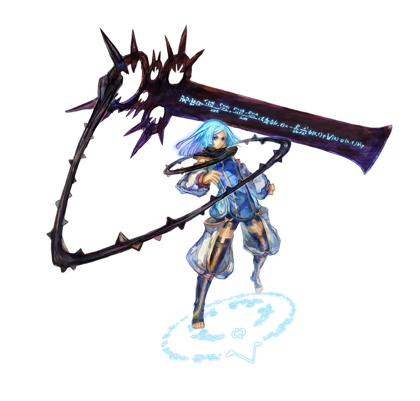 1girl, barefoot, blue_eyes, blue_hair, cape, detached_pants, detached_sleeves, erica_(malicious)