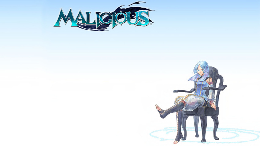 1girl, barefoot, blue_eyes, blue_hair, chair, detached_pants, detached_sleeves, erica_(malicious)