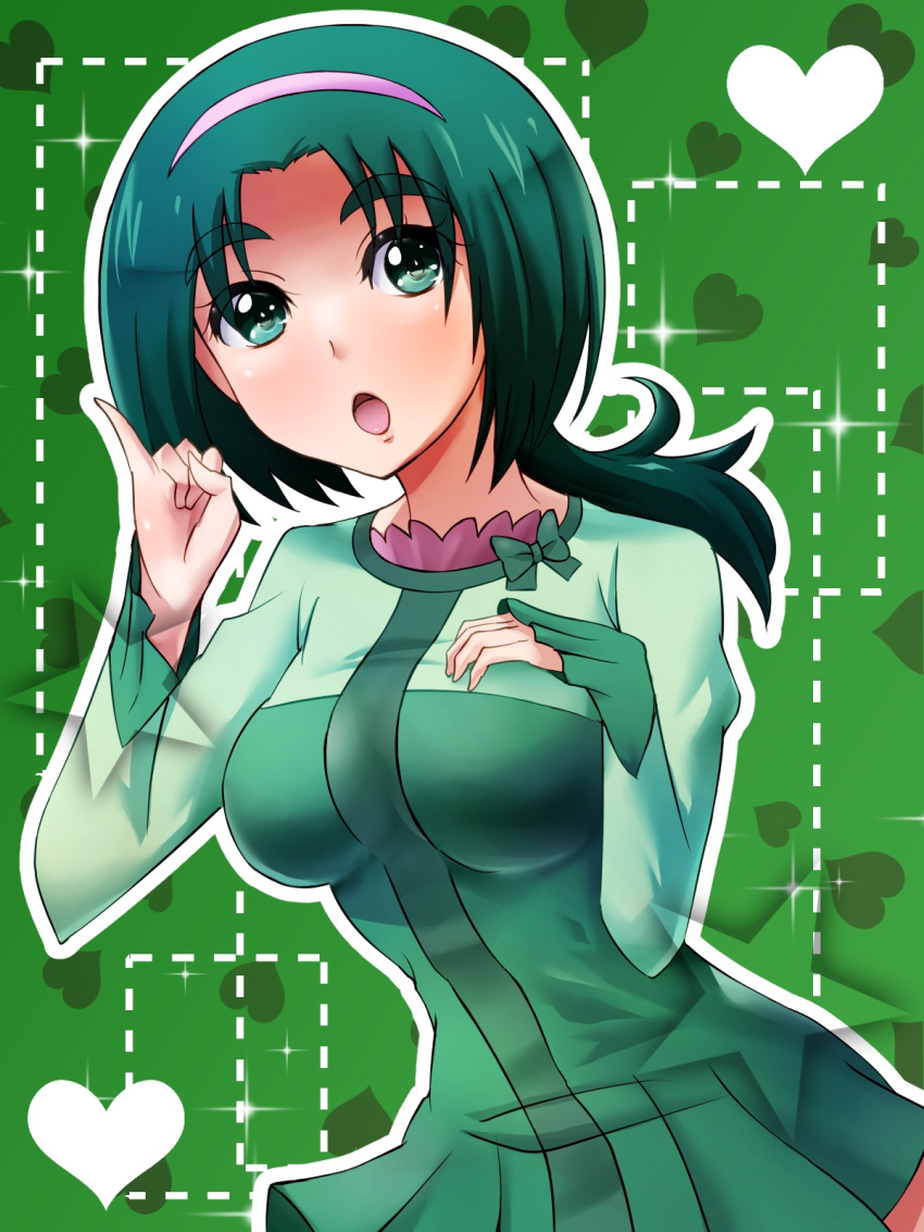 1girl, akimoto_komachi, breasts, dress, green_dress, green_eyes, green_hair, hairband