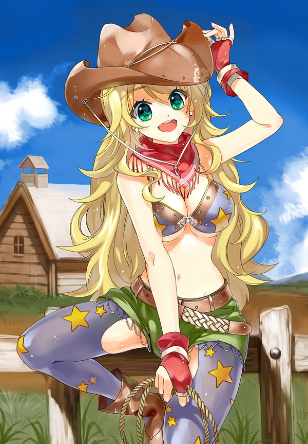 1girl, belt, bikini_top, blonde_hair, boots, breasts, cleavage, cowboy