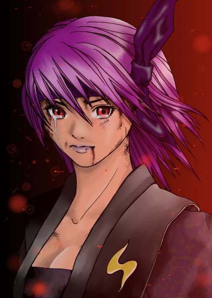 ayane_(doa), blood, bruise, bruises, dead_or_alive, headband, hybrid_cat, injuries, injury, purple_hair, red_eyes, short_hair, tears