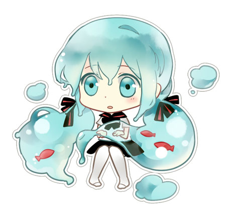 1girl, aqua_eyes, aqua_hair, bottle_miku, chibi, fish, hair_ribbon, hatsune_miku