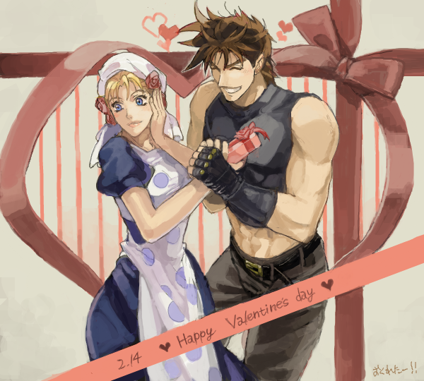 1boy, 1girl, abs, apron, bandanna, battle_tendency, blonde_hair, blue_eyes