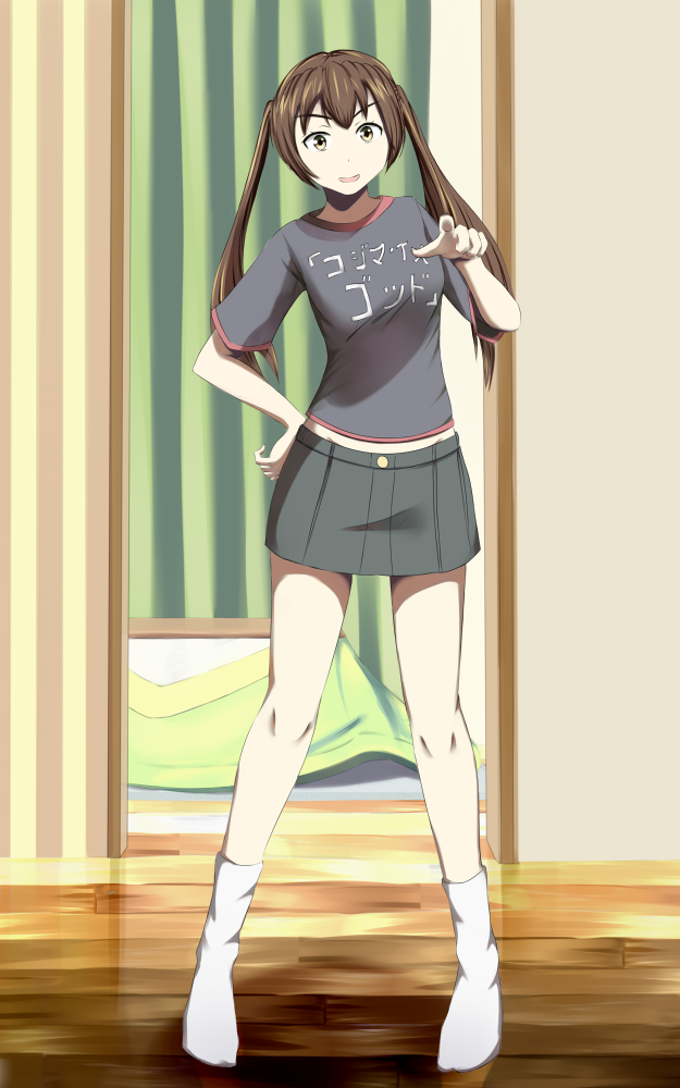 1girl, brown_eyes, brown_hair, casual, clothes_writing, hand_on_hip, long_hair, metal_gear_(series), metal_gear_solid, minami-ke, minami_kana, parody, pointing, pointing_at_viewer, shirt, sig_(sfried), skirt, socks, solo, t-shirt, text, translated, twintails