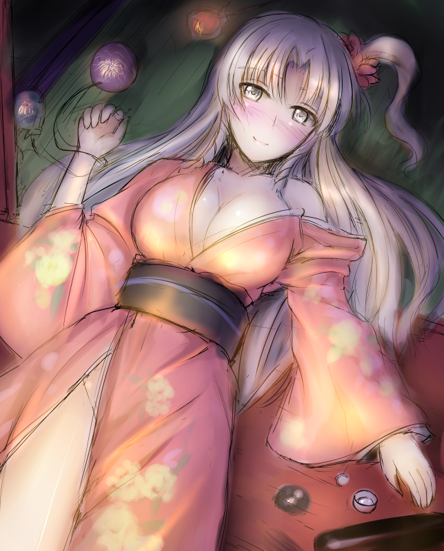 1girl, blush, breasts, cleavage, female, japanese_clothes, kimono, large_breasts