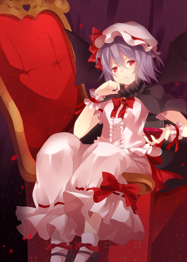 1girl, alcohol, bat_wings, cape, chair, cup, dress, female
