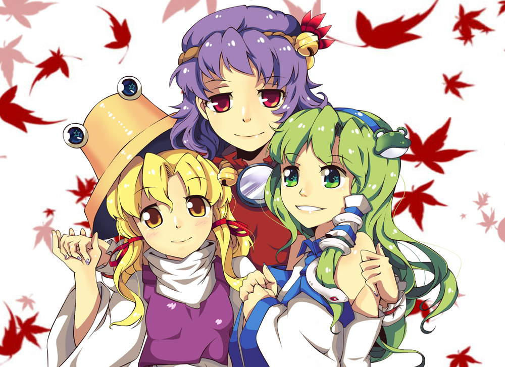 3girls, bell, blonde_hair, blue_eyes, detached_sleeves, female, frog_hair_ornament, gohei