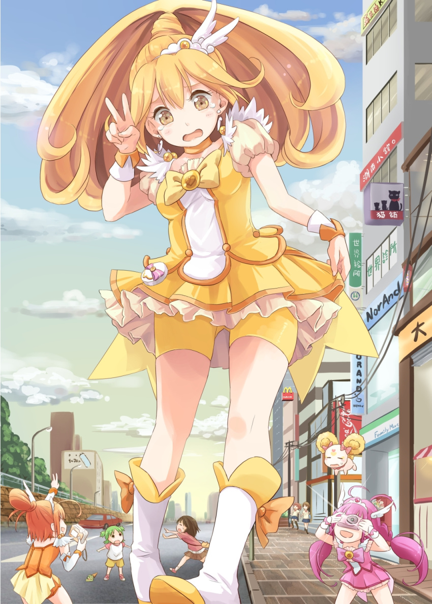 6+girls, :d, ahoge, antenna_hair, ayase_ena, bike_shorts, blonde_hair, blush